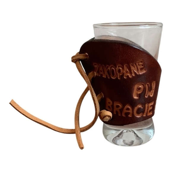 Zakopane Leather Wrapped Shot Glass Artisan Souvenir from Poland Souvenir Glass - Picture 2 of 4